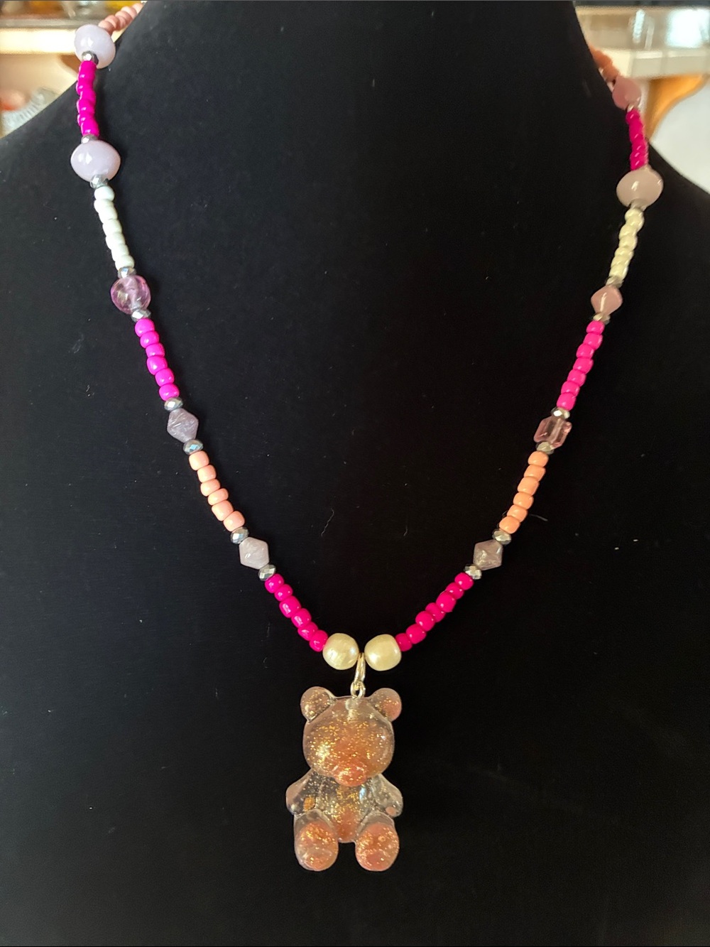 Beaded Pink & Peach Teddy Bear Pendant Necklace